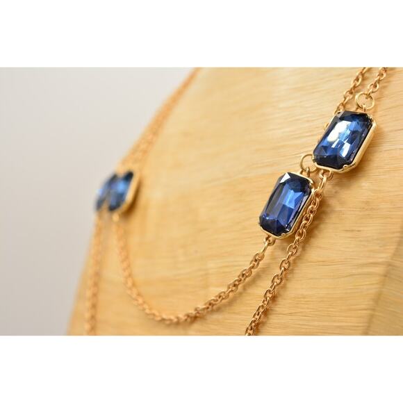Blue Crystal Necklace Statement Chunky Brushed Gold Tone Chain Rhinestone Bin3B - Picture 10 of 12